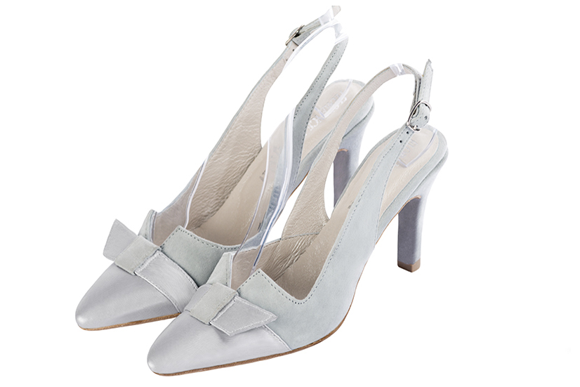 Light silver and pearl grey women's open back shoes, with a knot. Tapered toe. High slim heel. Front view - Florence KOOIJMAN